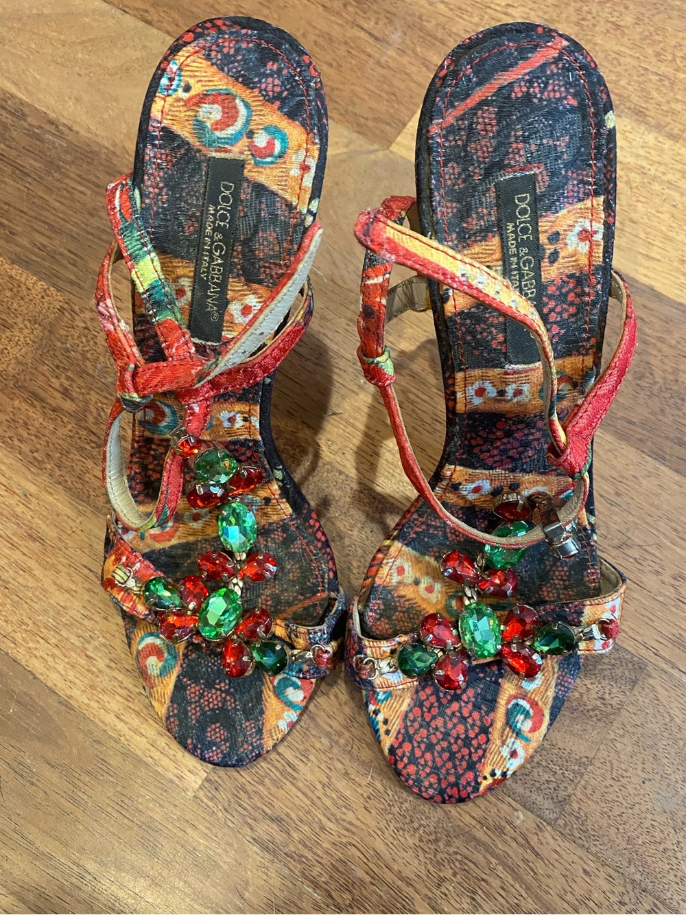 Dolce & Gabbana Red, Green and Orange Jeweled Strappy Heels